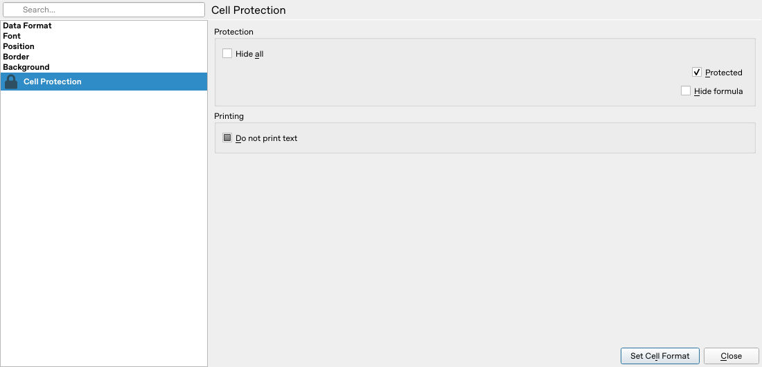 Calligra Sheets 25.04.2 formula-cell Protected attribute selected with Hide all and Hide formula off; sheet protection has not been activated
