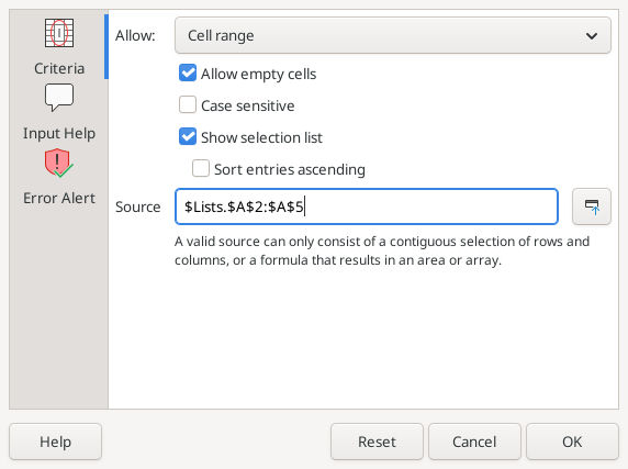 LibreOffice Calc Validity Criteria with Cell range selected and source $Lists.$A$2:$A$5.