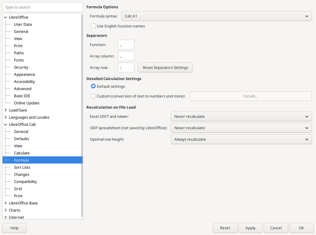 Calc Formula Options shows Calc A1 syntax, a comma Function separator, and Use English function names unchecked in the tested profile.