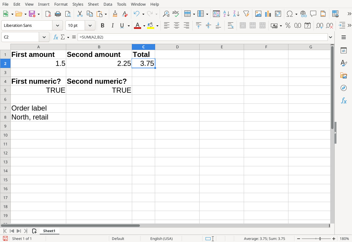 The configured-comma SUM formula adds 1.5 and 2.25 to give 3.75, and both source values pass ISNUMBER.