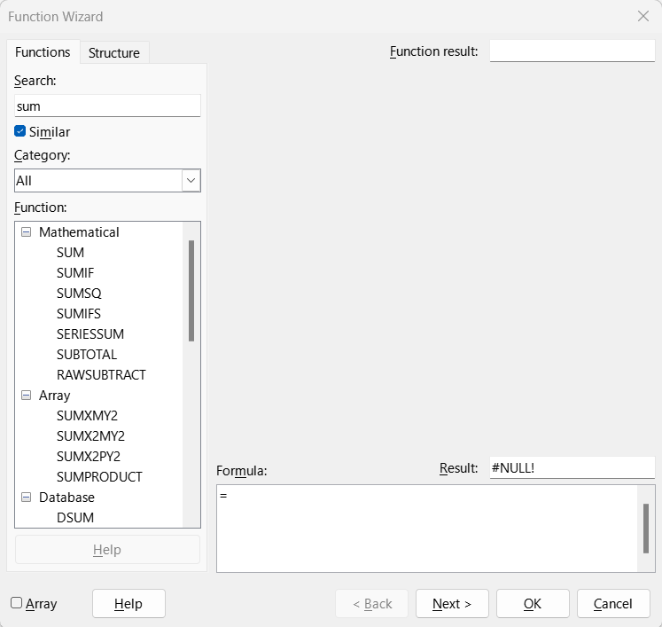 Publisher Function Wizard illustration with sum in Search, Similar checked, a matching function list, only an equals sign in Formula and a #NULL! overall result
