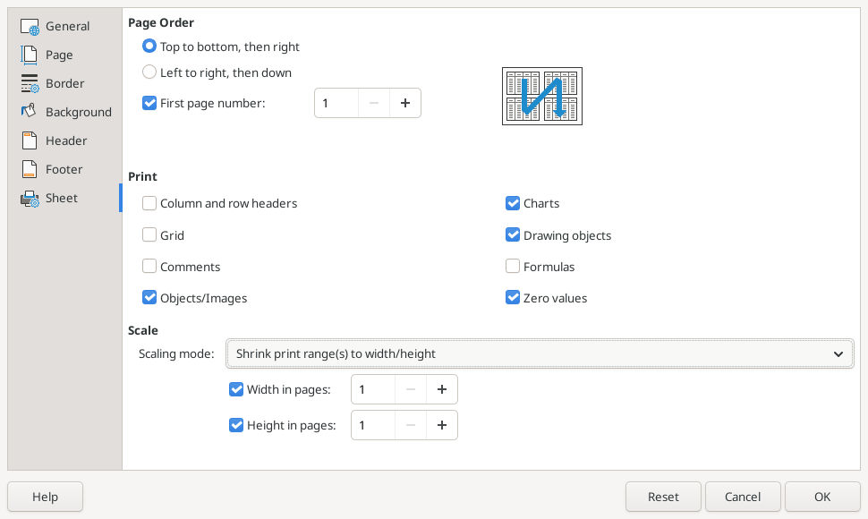 Calc Page Style Sheet tab with Shrink print ranges to width and height enabled at one page each