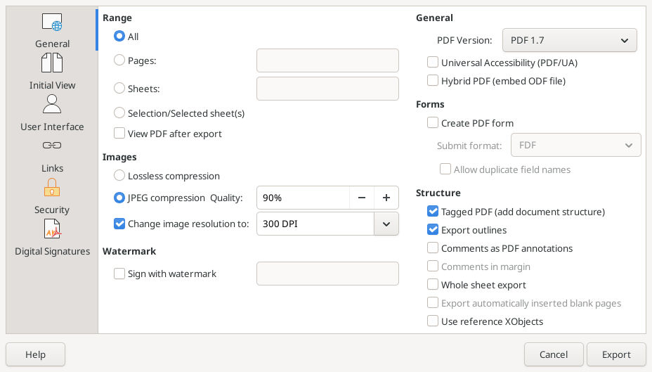 Calc PDF General options with All selected and both Hybrid PDF embed ODF file and Whole sheet export unchecked