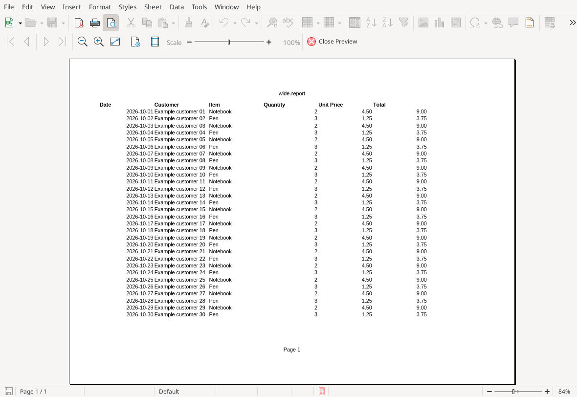 Calc native print preview showing all six columns and 30 records on Page 1 of 1 with bold headings and two-decimal amounts
