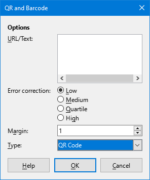 Publisher QR and Barcode dialog with empty URL/Text, Low error correction, margin 1 and QR Code type selected
