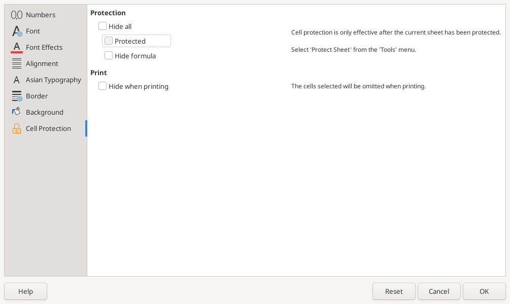 Calc Cell Protection settings for the input range with Protected unchecked.