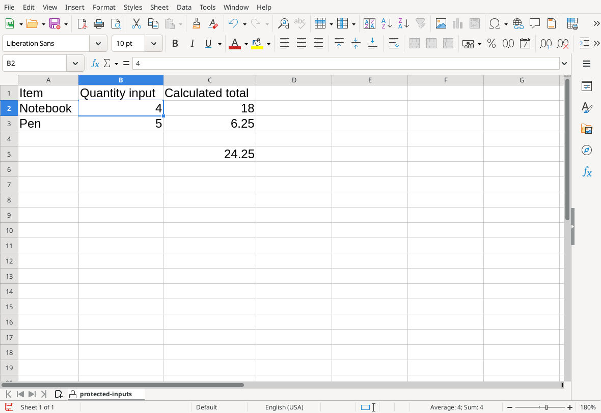 The protected Calc sheet accepts quantity inputs 4 and 5 and recalculates totals to 18, 6.25 and optional summary 24.25.
