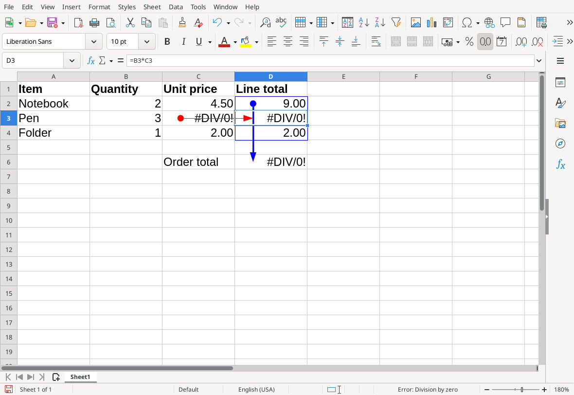 With D3 selected, Trace Error adds a red arrow from the division-by-zero error in C3 to the D3 formula.