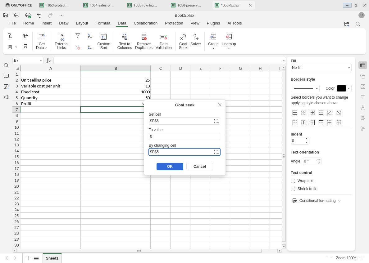 ONLYOFFICE Goal seek setup targets cell B6 at zero by changing B5 in the fixed-price profit model.