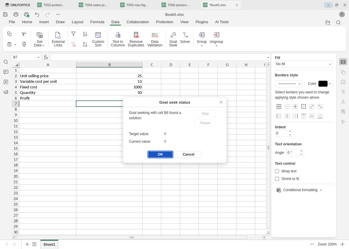 ONLYOFFICE Goal seek status reports a found solution with target and current value zero before acceptance while background quantity remains 50.