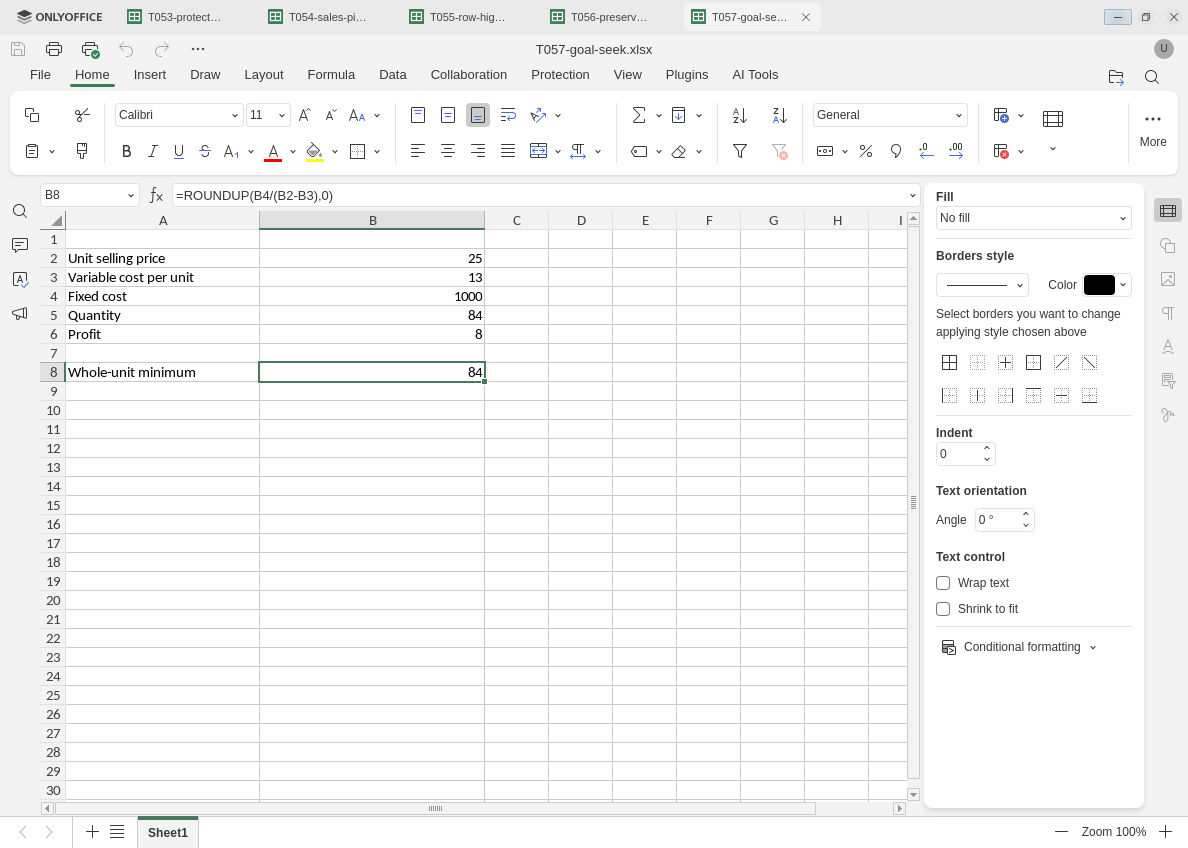 Reopened ONLYOFFICE workbook shows quantity 84, profit 8 and ROUNDUP whole-unit minimum 84.