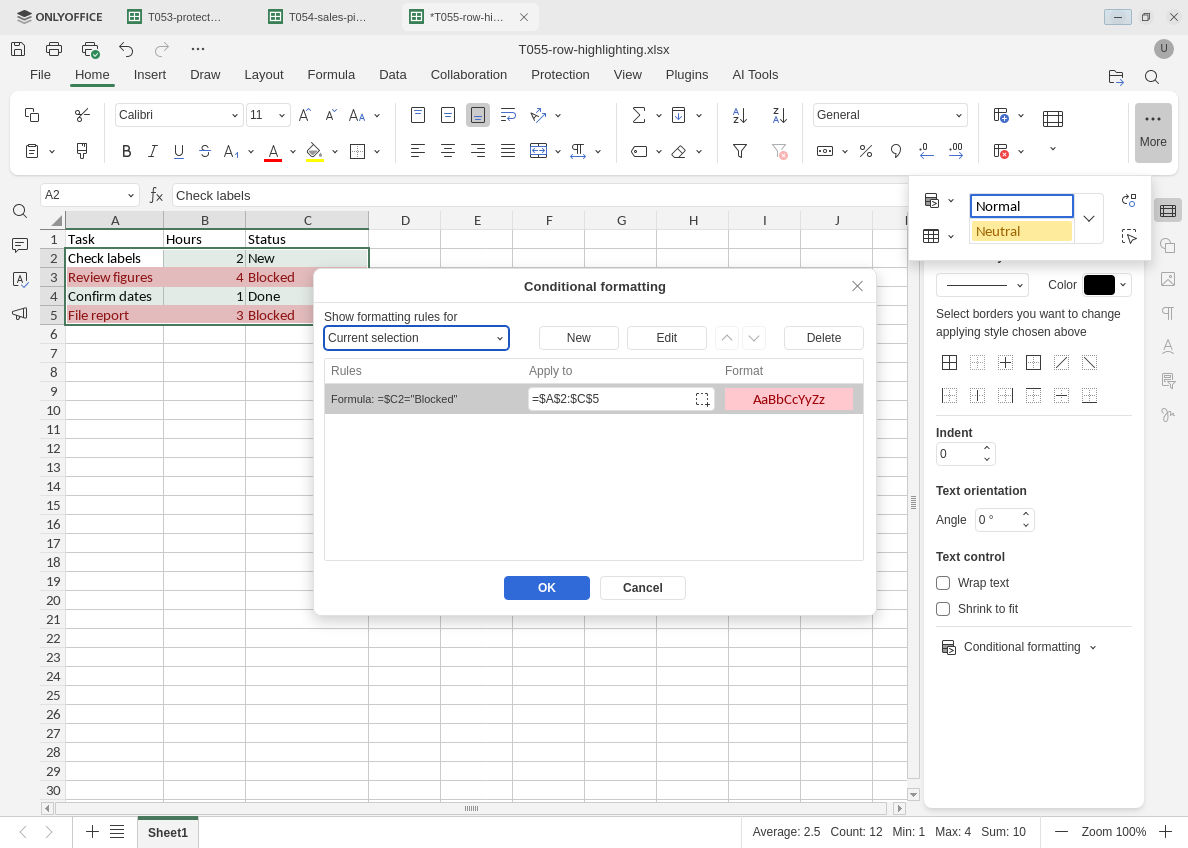 ONLYOFFICE conditional formatting manager shows formula anchored to column C with relative row 2 and Apply to A2 through C5.