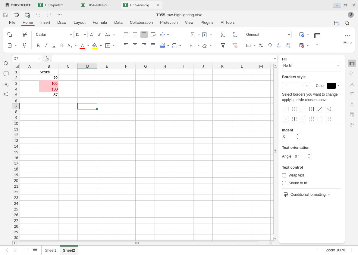 Reopened ONLYOFFICE numeric exercise highlights scores 105 and 130 while leaving 92 and 87 uncolored.