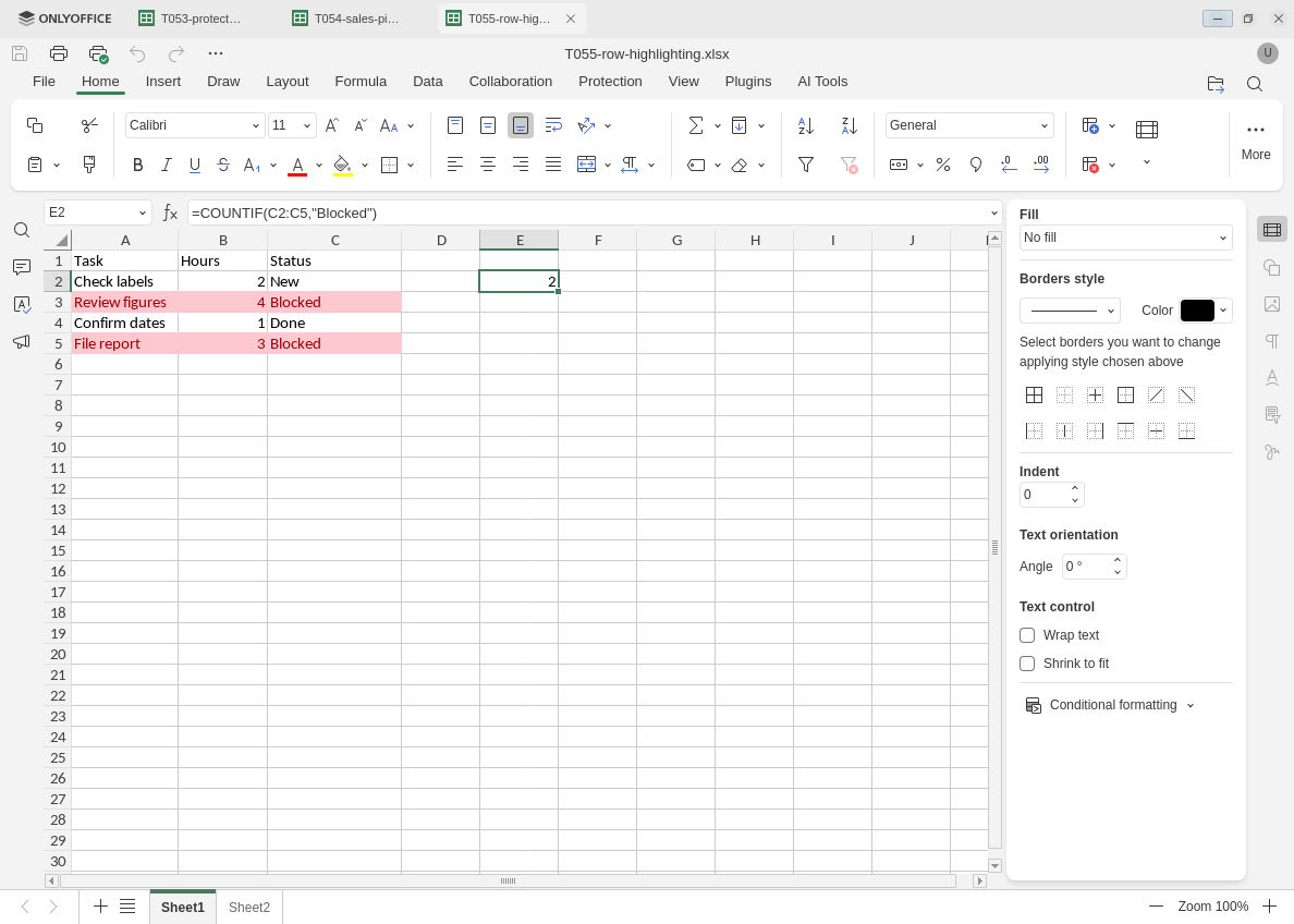 Reopened ONLYOFFICE workbook highlights complete task rows 3 and 5 across A through C and shows Blocked count 2.
