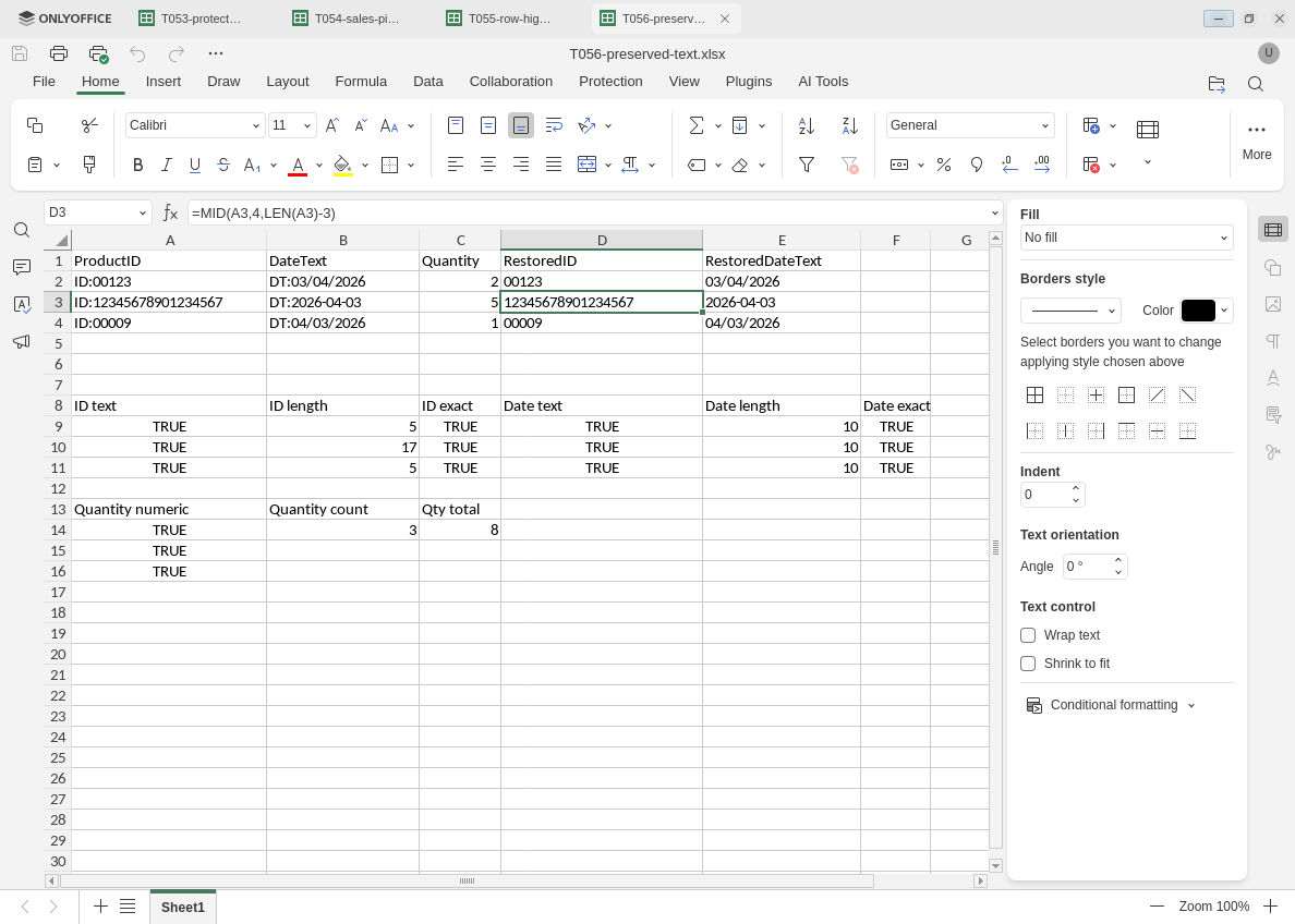 Reopened ONLYOFFICE XLSX shows exact restored IDs and date strings, TRUE text and equality checks, ID lengths 5 17 5 and date lengths 10.