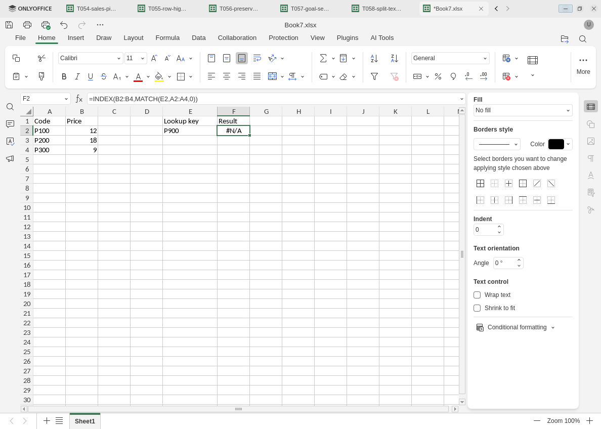 ONLYOFFICE exact INDEX MATCH lookup displays NA error for absent product P900 while the formula is visible.