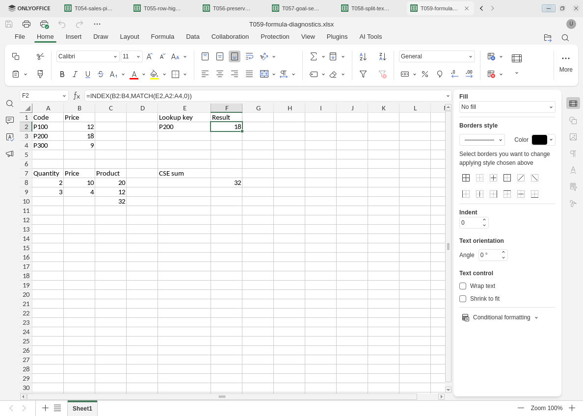 Reopened ONLYOFFICE diagnostic workbook restores P200 lookup result 18 and shows component products 20 and 12 with sum 32.