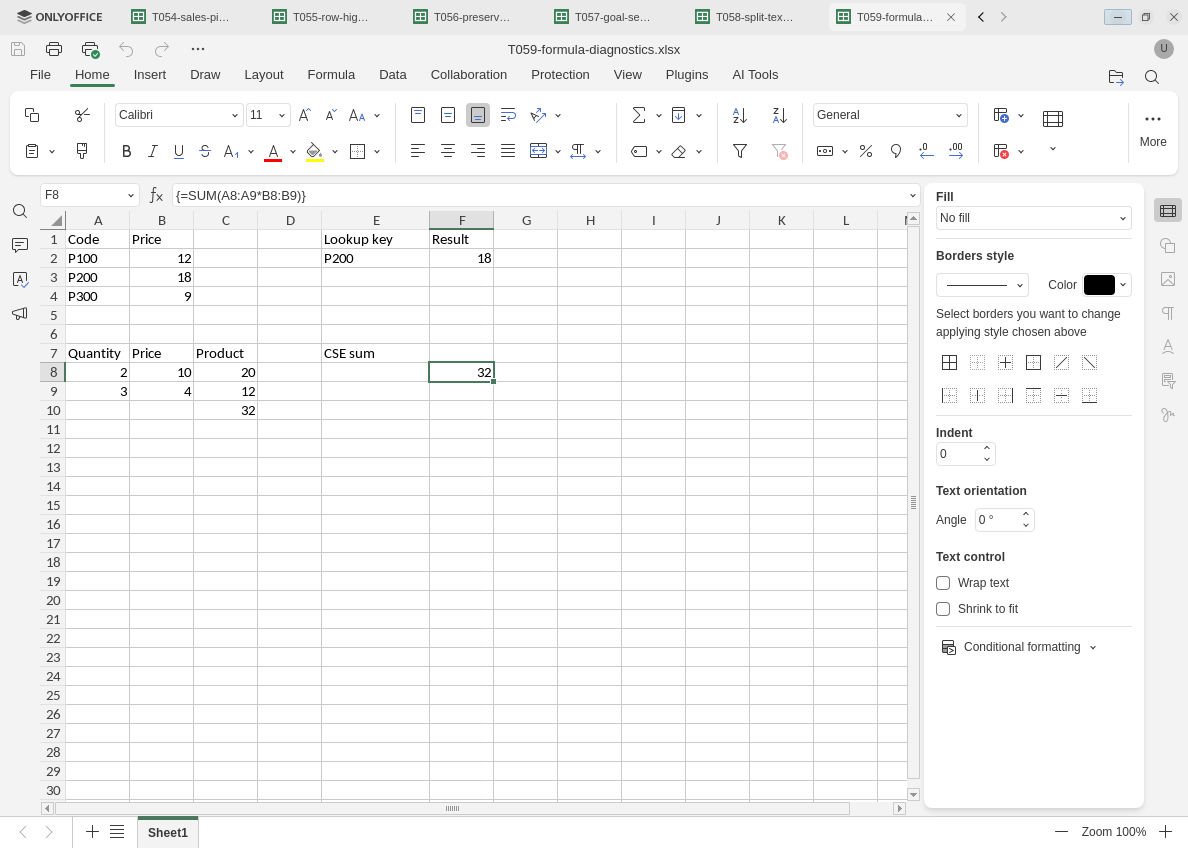 Reopened ONLYOFFICE single-cell array SUM formula has editor-generated braces and returns 32.