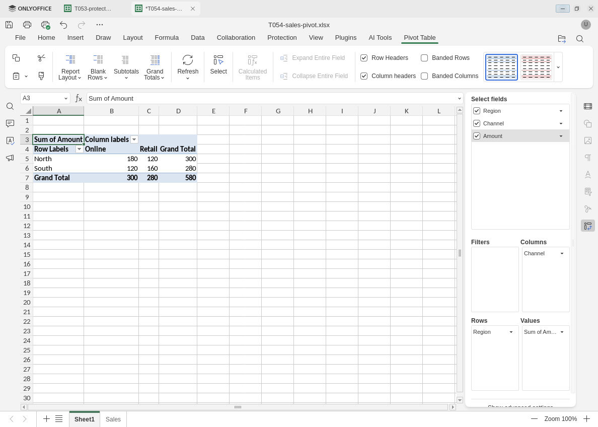 ONLYOFFICE pivot with Region rows, Channel columns and Sum of Amount shows North 300, South 280 and grand total 580.