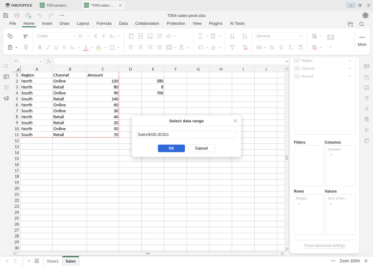 ONLYOFFICE range selector explicitly includes Sales A1 through C11, containing both appended records.