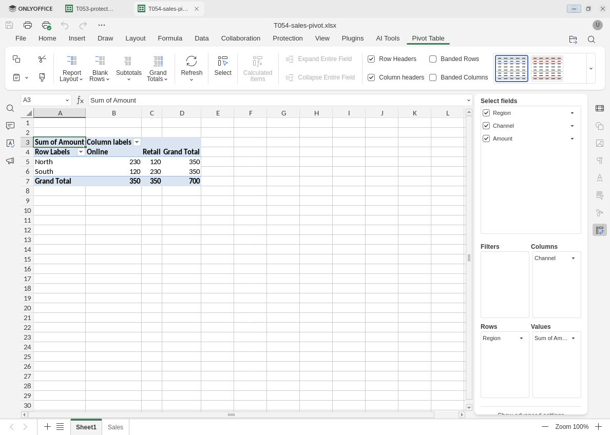 Reopened ONLYOFFICE pivot shows North and South totals of 350 each and grand total 700.
