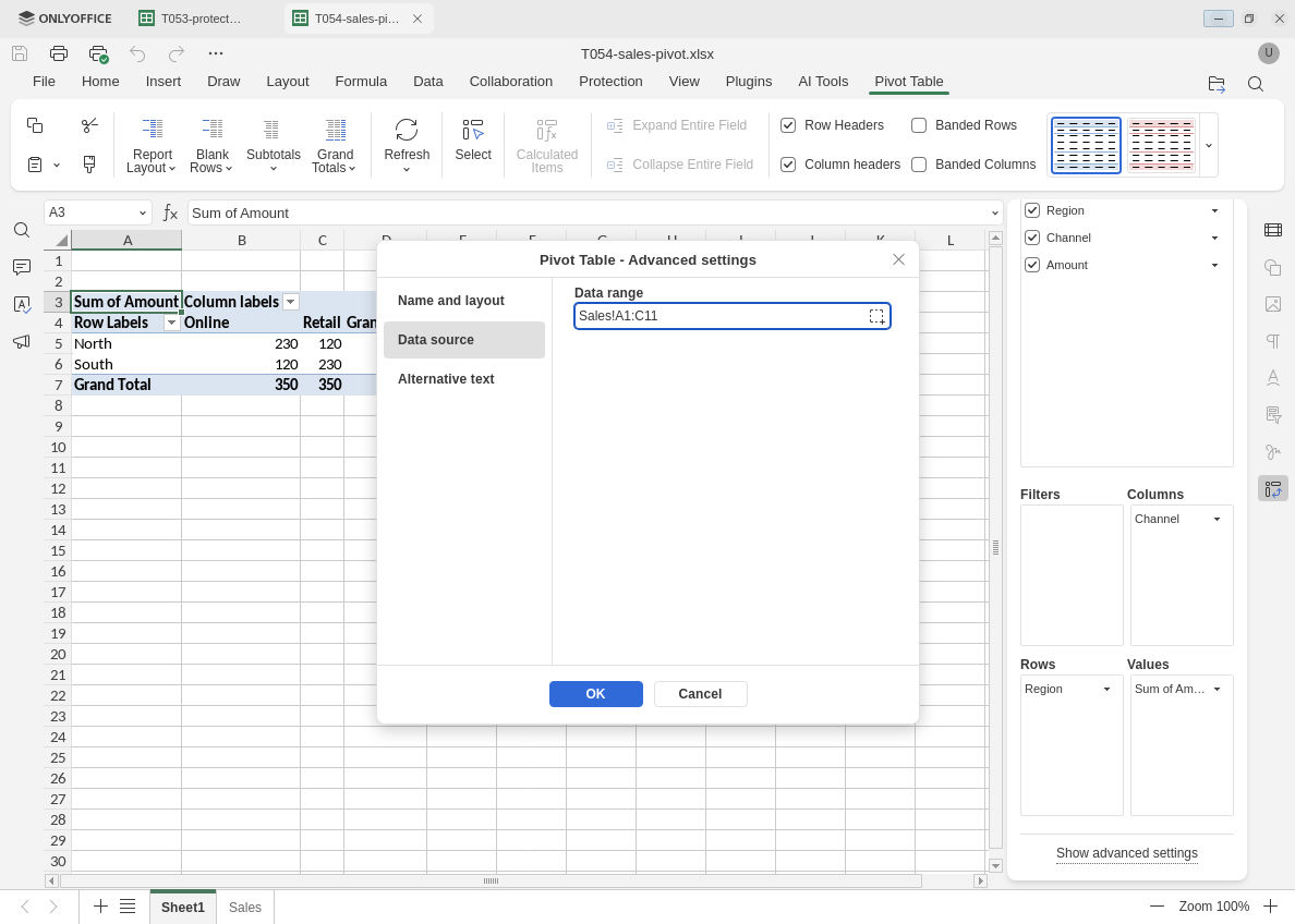 Reopened ONLYOFFICE Pivot Table Advanced settings Data source displays Sales A1 through C11.