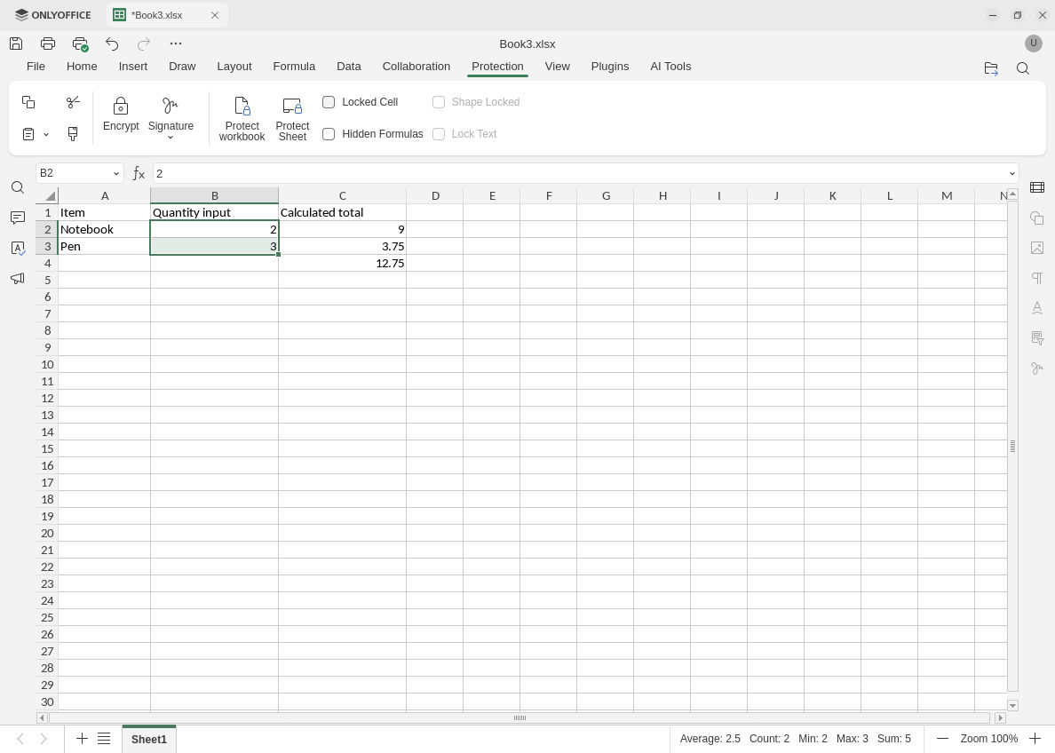 ONLYOFFICE Protection tab shows B2 through B3 selected with Locked Cell unchecked and initial totals 9, 3.75 and 12.75.