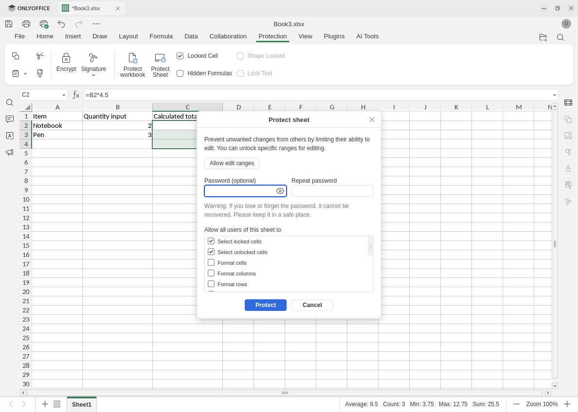 ONLYOFFICE Protect sheet options leave the optional password blank and permit selecting locked and unlocked cells.