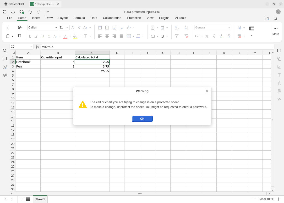Reopened ONLYOFFICE workbook rejects a C2 overwrite while editable B2 is 5 and the unchanged formula produces 22.5.