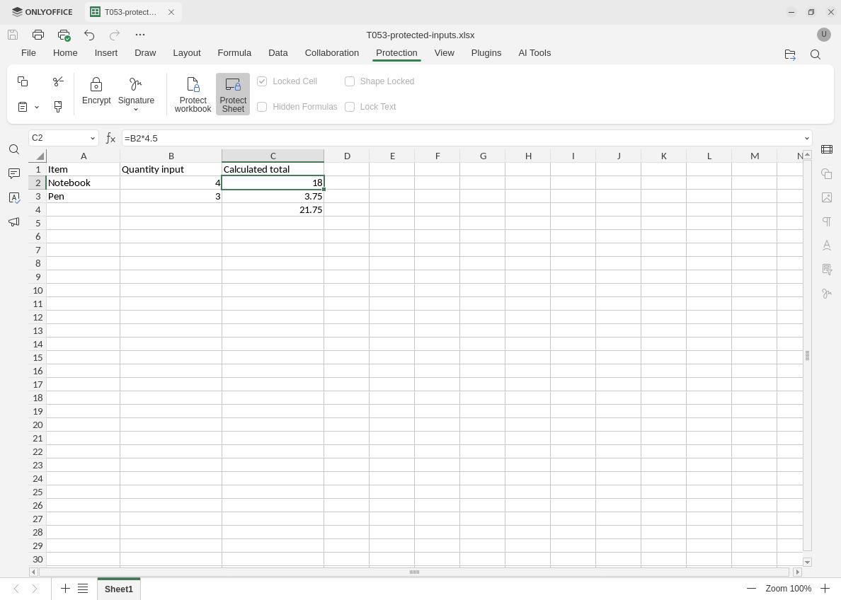 ONLYOFFICE shows active Protect Sheet and visible formula B2 times 4.5 with restored totals 18, 3.75 and 21.75.