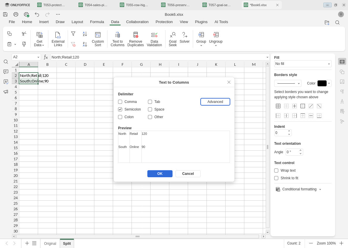 ONLYOFFICE Text to Columns preview has only Semicolon selected and shows the two simple records split into three fields.