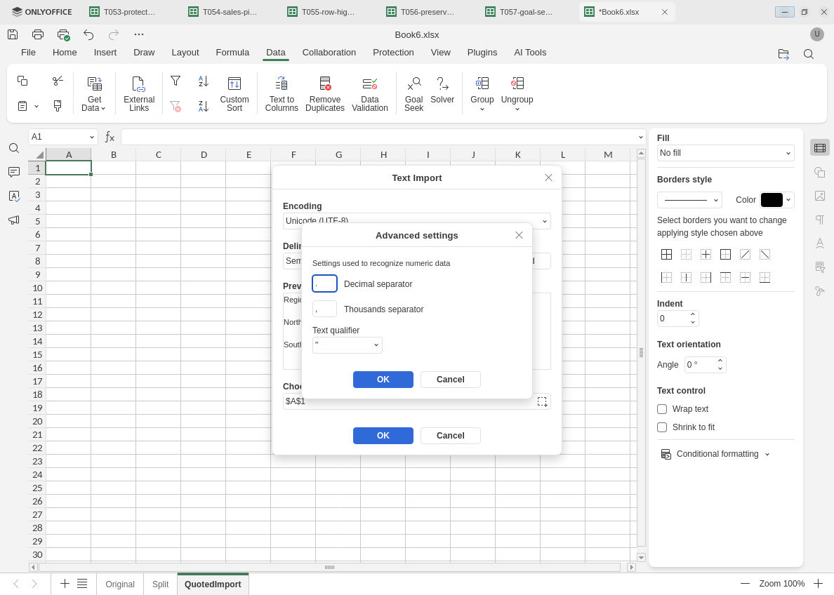 ONLYOFFICE Get Data Text Import Advanced settings show the double-quote text qualifier for the separate quoted CSV.