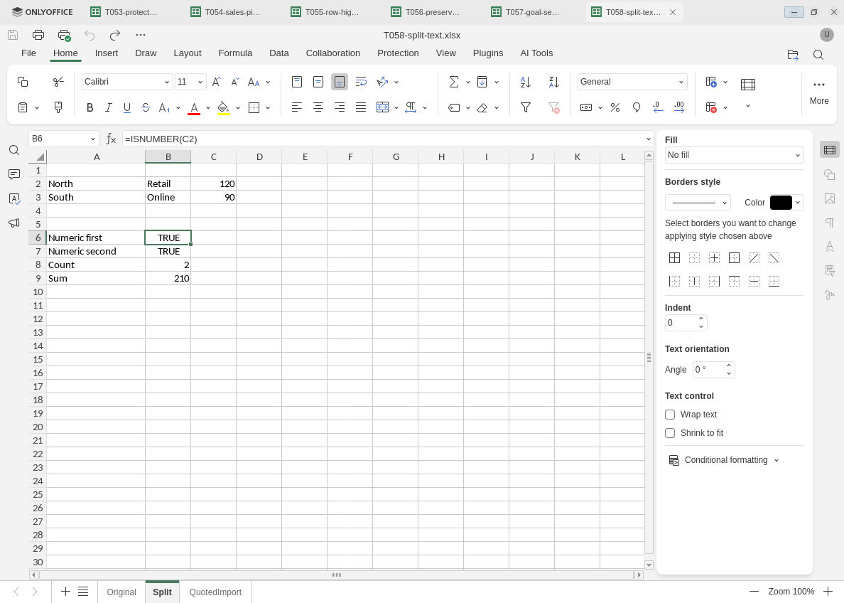 Reopened ONLYOFFICE simple split shows North Retail 120 and South Online 90 with numeric checks TRUE, count 2 and sum 210.