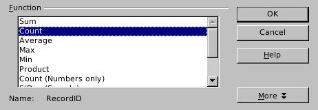 OpenOffice pivot function dialog selects Count for text RecordID rather than Count Numbers only.