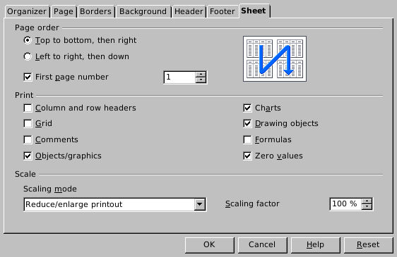 OpenOffice Sheet page settings show Reduce enlarge printout at100percent.