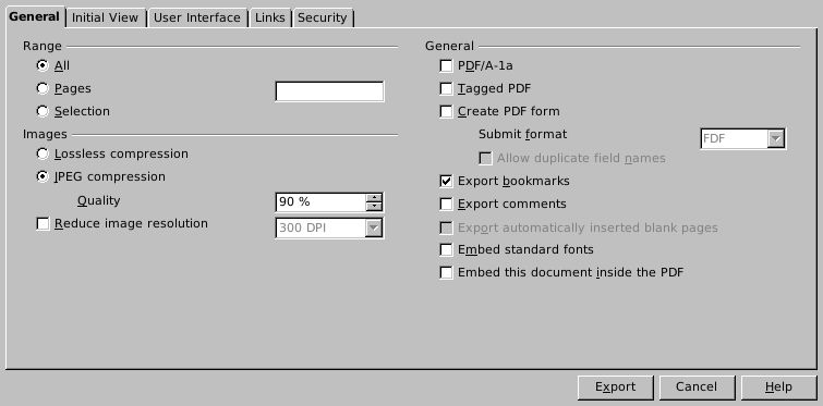 OpenOffice PDF export uses All pages with Create PDF form and Embed this document inside PDF unchecked.