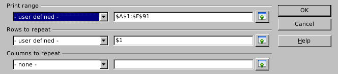 Reopened OpenOffice print-range dialog retains A1:F91 and row1 to repeat with no repeated columns.