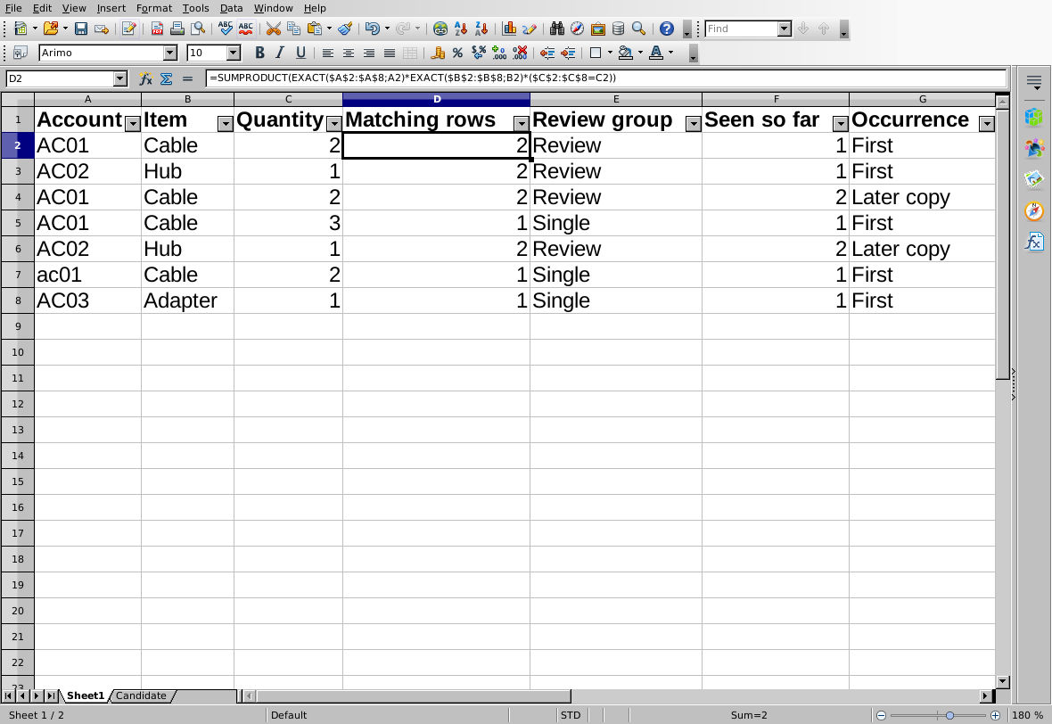 Reopened OpenOffice original audit retains all seven rows, helper formulas and expected counts with All restored.