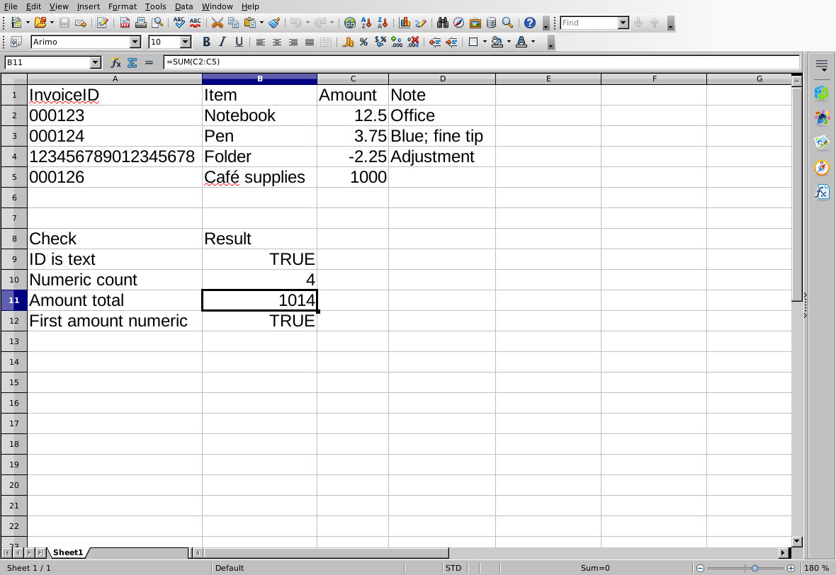 Reopened OpenOffice sheet preserves the long ID, leading zeros, accent and quoted semicolon, with checks TRUE, 4, 1014 and TRUE.