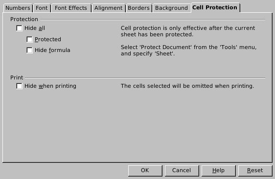 OpenOffice Cell Protection dialog shows Protected cleared for the selected input cells.