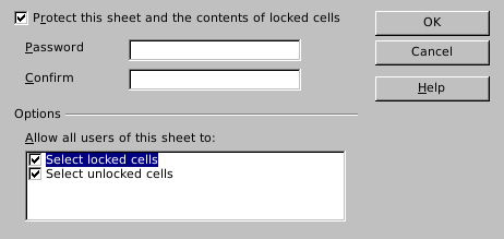 OpenOffice Protect Sheet dialog enables protection of locked cells with optional password fields left blank.