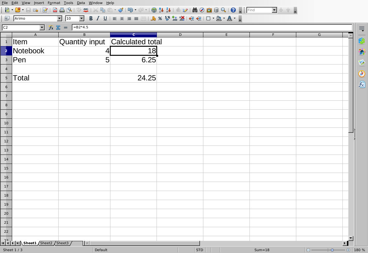 Reopened protected OpenOffice sheet shows editable inputs4 and5, formula results18 and6.25, total24.25 and the intact C2 formula.