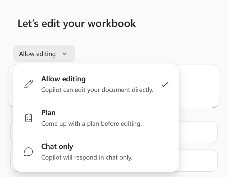 Microsoft documentation illustration showing the Allow editing menu with Allow editing, Plan, and Chat only options.